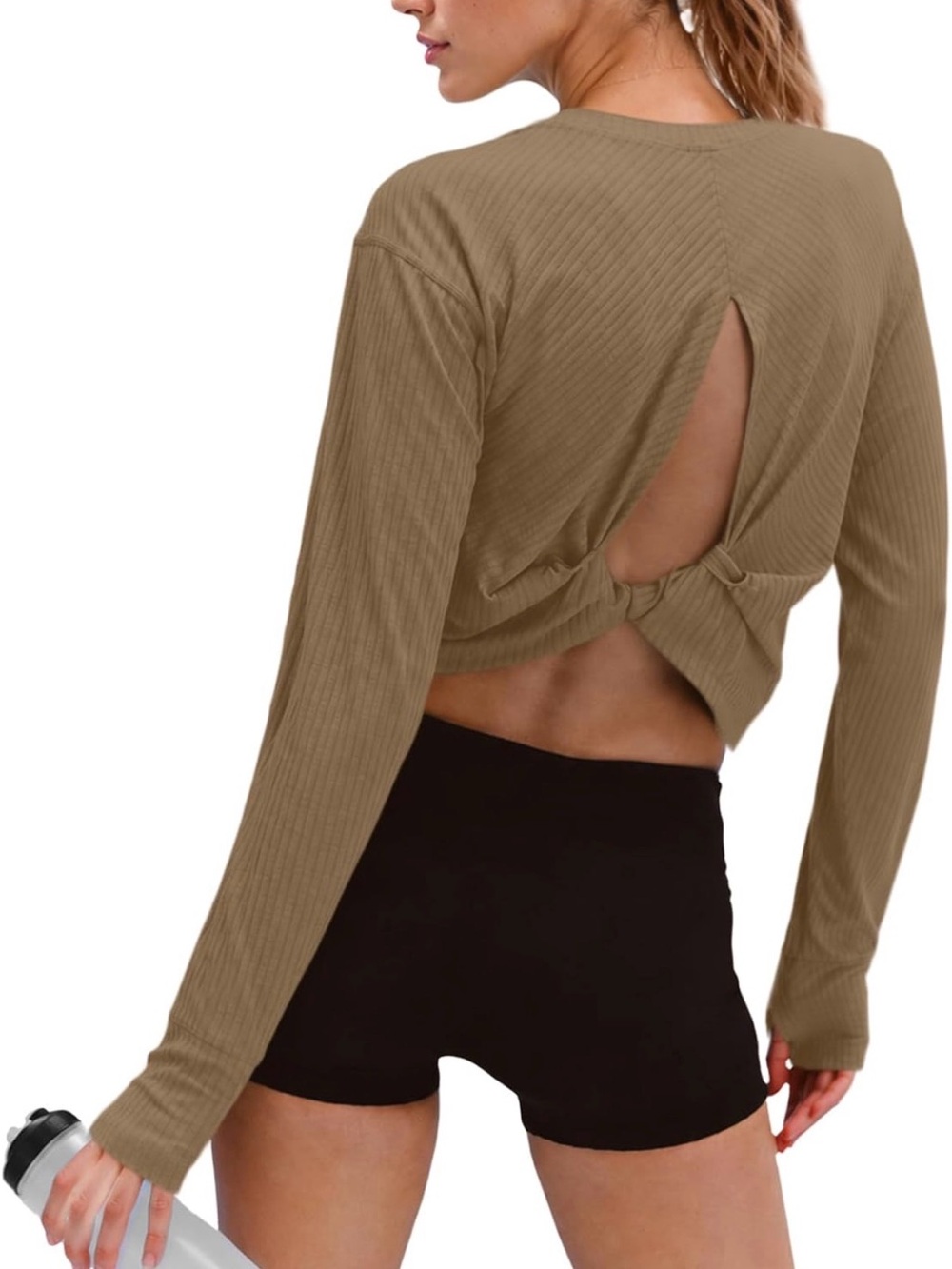 Long Sleeve Ribbed Twist-Back Crop Top - Taupe